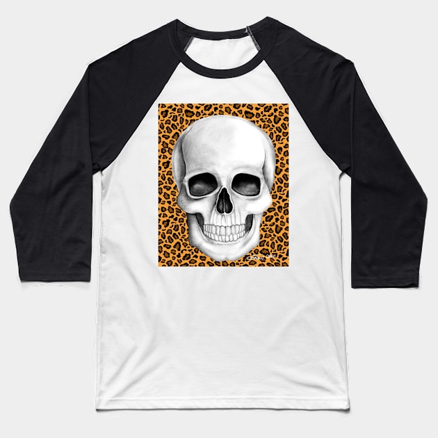 Skull (On Leopard Print Background) Baseball T-Shirt by GDGCreations